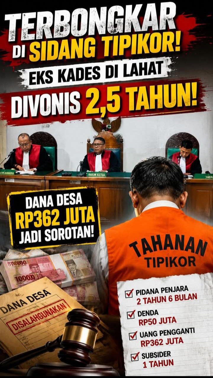 *Korupsi Dana Desa,Kades Tanjung Dalam Lahat,Suhendratno Divonis 2.5 Tahun Penjara*